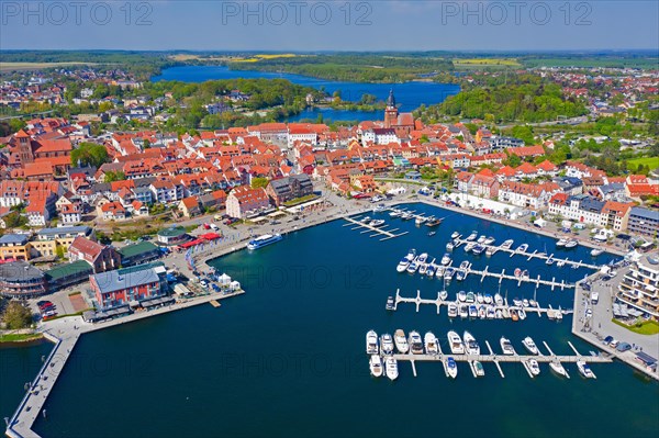 Aerial view over Waren, town and climatic spa on the shores of Lake Mueritz in summer, Mecklenburg-Vorpommern, Germany, Europe