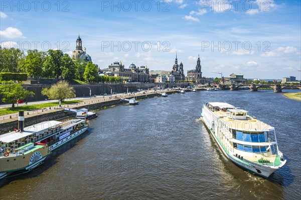 View of the historic old town ensemble and the steamer landing stage on the Terrassenufer in Dresden, Saxony, Germany, Europe