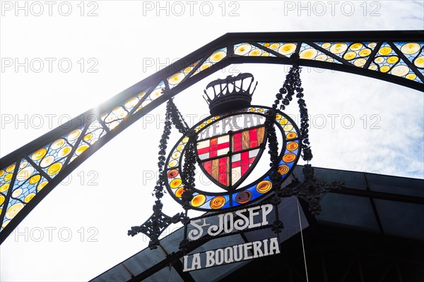 Sign at the entrance to La Boqueria market in Barcelona, Spain, Europe