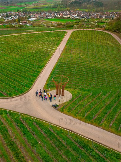 Aerial view of people at a circular viewpoint in a vineyard, Jesus Grace Chruch, Weitblickweg, Easter hike, Hohenhaslach, Germany, Europe