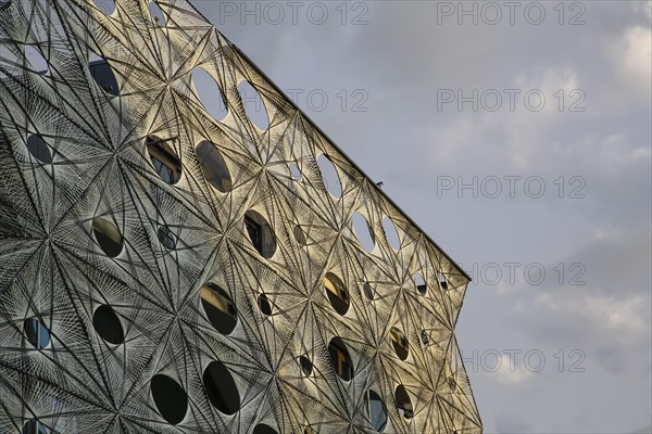 Reutlingen University, Reutlingen University, Texoversum, German University Building Award 2024 for TEXOVERSUM, modern architecture, facade made of carbon and glass fibres, mesh, innovative, identity-creating, unique facade, campus, place of learning, special, extraordinary new building for textile courses, light, airy, airy, holes, architectural eye-catcher, cloudy sky, Reutlingen, Baden-Wuerttemberg, Germany, Europe