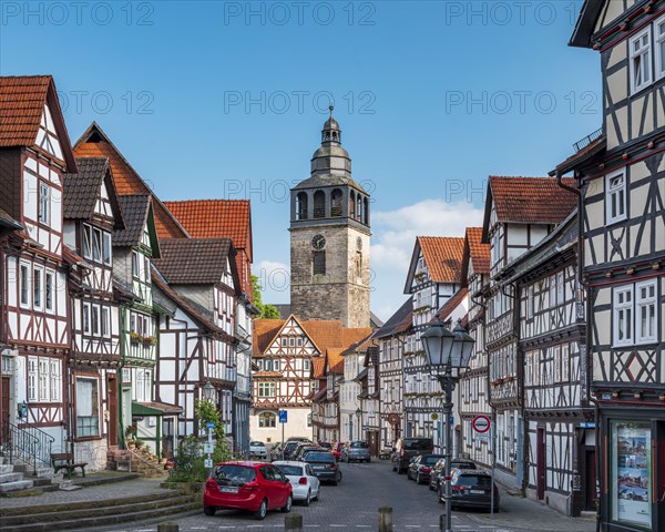 St Crucis Church and half-timbered houses in the historic old town of Allendorf, Hessisches Bergland, Werratal, Werra, Bad Sooden-Allendorf, Hesse, Germany, Europe