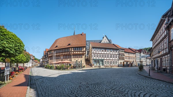 Town hall and half-timbered houses on the market square, Stolberg im Harz, Saxony-Anhalt, Germany, Europe