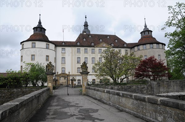 Langenburg Castle, Baroque castle with towers and cloudy sky, Langenburg Castle, Langenburg, Baden-Wuerttemberg, Germany, Europe