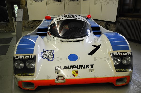 Deutsches Automuseum Langenburg, White Porsche racing car with Blaupunkt and Shell logos, Deutsches Automuseum Langenburg, Langenburg, Baden-Wuerttemberg, Germany, Europe