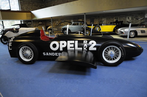 Opel RAK 2 built in 1928, Deutsches Automuseum Langenburg, A historic black Opel RAK2 racing car in an exhibition area, Deutsches Automuseum Langenburg, Langenburg, Baden-Wuerttemberg, Germany, Europe