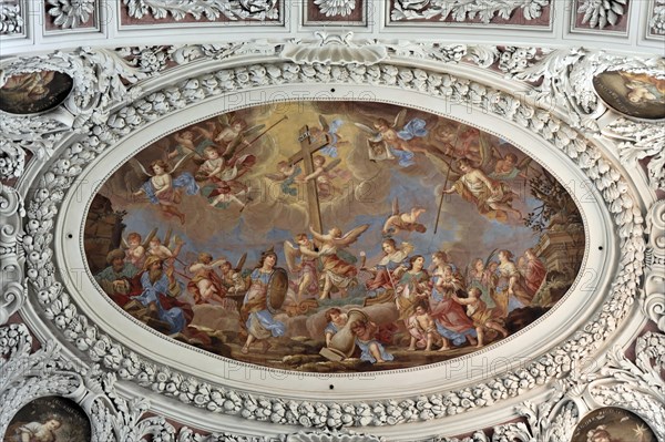St Stephen's Cathedral, Passau, Detailed ceiling fresco with religious and mythological figures in Baroque style, St Stephen's Cathedral, Passau, Bavaria, Germany, Europe