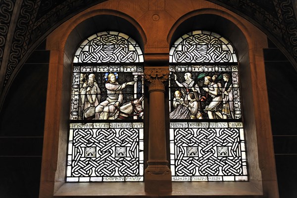 Church of the Redeemer, start of construction 1903, Bad Homburg v. d. Hoehe, Hesse, window with depiction of St George fighting the dragon in leaded glass, Church of the Redeemer, start of construction 1903, Bad Homburg v. Hoehe, Hesse, Germany, Europe