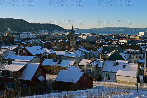 View over the old town centre in winter, Trondheim, Norway, Europe