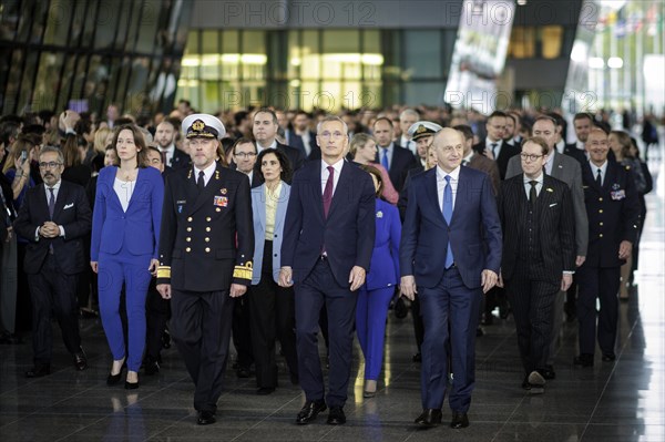 The Secretary-General of the North Atlantic Council and the Allied Foreign Ministers, the Permanent Representatives and the Chairman of the Military Committee take their seats in the Agora during the ceremony to mark the 75th anniversary of the signing of the founding document of the North Atlantic Treaty. Brussels, 04.04.2024. Photographed on behalf of the Federal Foreign Office