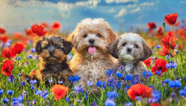 KI generated, animal, animals, mammal, mammals, Maltipoo (Canis lupus familiaris), dog, dogs, bitch, cross between poodle and Maltese, dwarf poodle, small poodle, flower meadow, bitch and two puppies