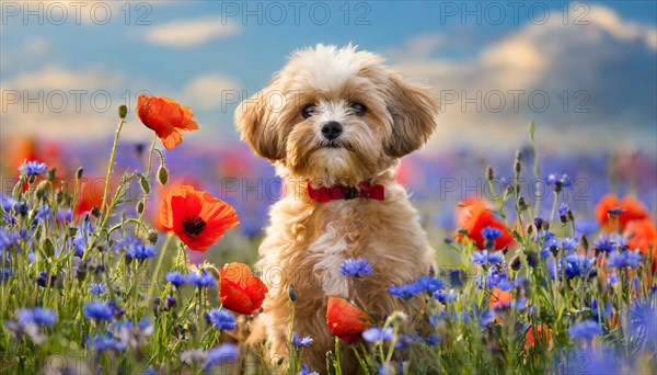 KI generated, animal, animals, mammal, mammals, Maltipoo (Canis lupus familiaris), dog, dogs, bitch, cross between poodle and Maltese, dwarf poodle, small poodle, flower meadow, puppy, cream