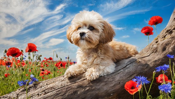 KI generated, animal, animals, mammal, mammals, Maltipoo (Canis lupus familiaris), dog, dogs, bitch, cross between poodle and Maltese, dwarf poodle, small poodle, flower meadow, tree trunk, small puppy lying on tree trunk, flowers