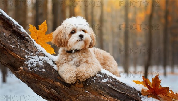 KI generated, animal, animals, mammal, mammals, Maltipoo (Canis lupus familiaris), dog, dogs, bitch, cross between poodle and Maltese, dwarf poodle, small poodle, flower meadow, tree trunk, autumn, onset of winter, puppy