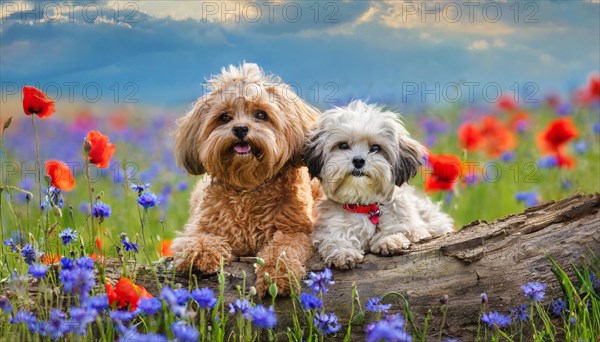 KI generated, animal, animals, mammal, mammals, Maltipoo (Canis lupus familiaris), dog, dogs, bitch, cross between poodle and Maltese, dwarf poodle, small poodle, flower meadow, two, bitch with puppy