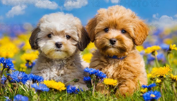 KI generated, animal, animals, mammal, mammals, Maltipoo (Canis lupus familiaris), dog, dogs, bitch, cross between poodle and Maltese, dwarf poodle, small poodle, flower meadow, two, bitch with puppy