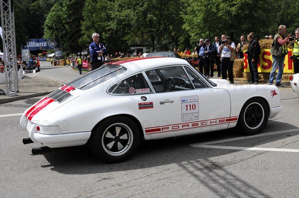 Side view of a white Porsche racing car with racing stripes at a motorsport event, SOLITUDE REVIVAL 2011, Stuttgart, Baden-Wuerttemberg, Germany, Europe