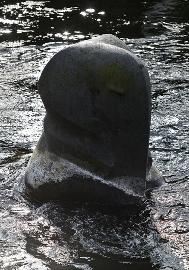 Sculpture by Bernd Bergkemper in the shape of an elephant in the river Wupper, commemorating the jump of the elephant Tuffi, Wuppertal, Germany, Europe