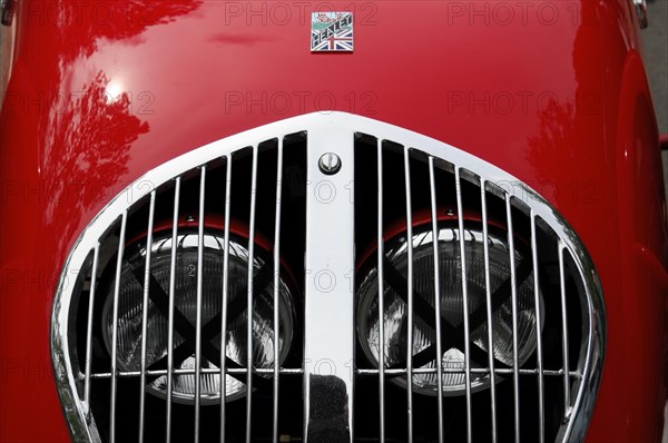 Close-up of the red radiator grille of a Jaguar with emblem and headlights, SOLITUDE REVIVAL 2011, Stuttgart, Baden-Wuerttemberg, Germany, Europe