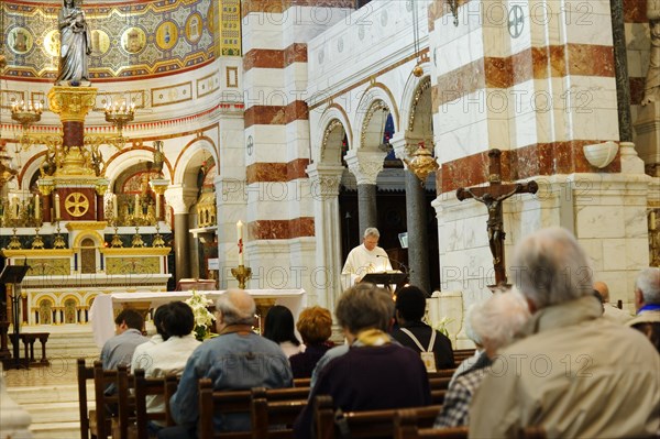 Church of Notre-Dame de la Garde, Marseille, worshippers during a service in a church, Marseille, Departement Bouches du Rhone, Region Provence Alpes Cote d'Azur, France, Europe