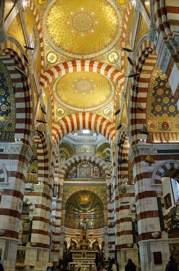 Church of Notre-Dame de la Garde, Marseille, Magnificent church interior with richly decorated columns and golden mosaics, Marseille, Departement Bouches du Rhone, Region Provence Alpes Cote d'Azur, France, Europe