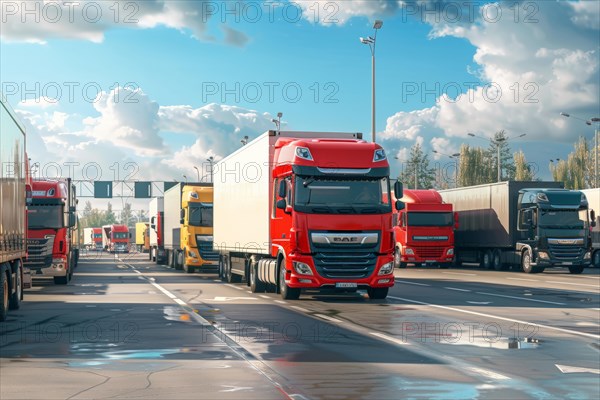 Many trucks in international long-distance traffic park at night, on weekends and over the holidays in a congested, overcrowded motorway service area, symbolic image for precarious parking situation, parking shortage for long-distance drivers, truck drivers, truckers on German motorways, AI generated, AI generated, AI generated