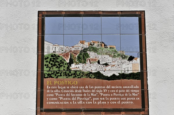 Solabrena, ceramic information panel on a wall telling the story of a historic urban area, Costa del Sol, Andalusia, Spain, Europe