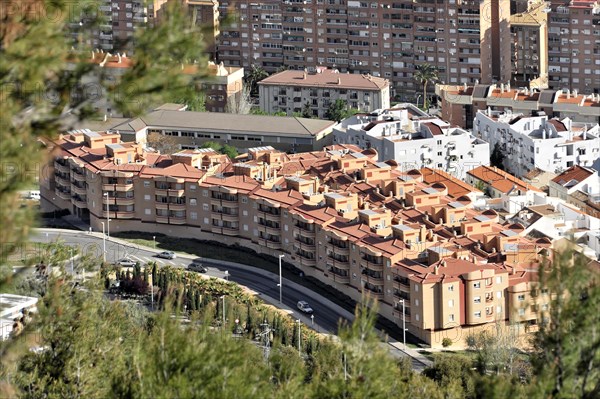 View from Castillo de Santa Catalina, modern new buildings, Partial view of Jaen, Andalusia, Densely built-up housing estate with similar buildings and streets, Granada, Andalusia, Spain, Europe
