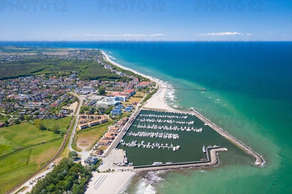 Aerial view over sailing boats at marina and seaside resort Kuehlungsborn along the Baltic Sea, Rostock district, Mecklenburg-Vorpommern, Germany, Europe