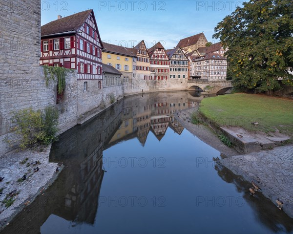 Half-timbered houses in the historic old town on the River Kocher, Schwaebisch Hall, Hohenlohe, Baden-Wuerttemberg, Germany, Europe