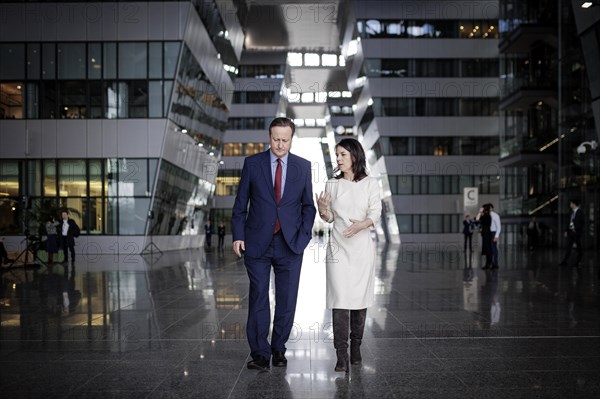 (R-L) Annalena Baerbock, Federal Foreign Minister, meets David Cameron, Secretary of State for Foreign, Commonwealth and Development of the United Kingdom of Great Britain and Northern Ireland, for talks on the margins of the NATO Foreign Ministers' Meeting. Brussels, 03.04.2024. Photographed on behalf of the Federal Foreign Office