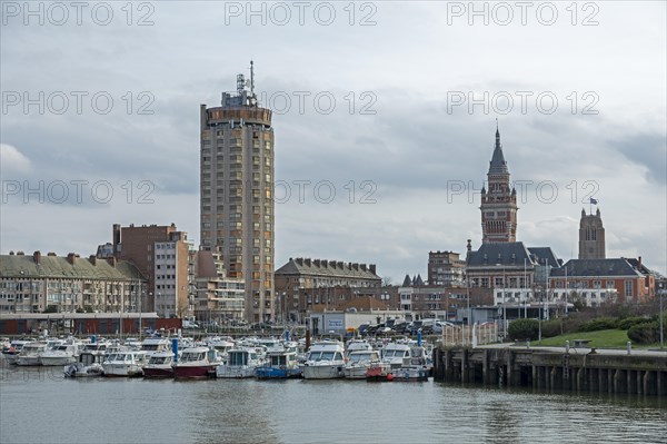 Boats, marina, skyscraper, houses, tower of the Hotel de Ville, town hall, belfry, Dunkirk, France, Europe