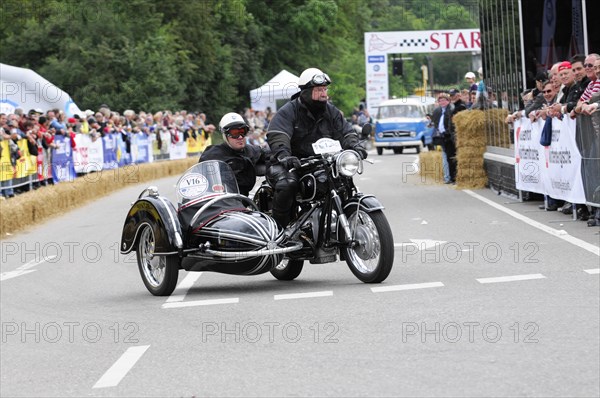 Motorbike with sidecar and riders in leather clothing at a classic car race, SOLITUDE REVIVAL 2011, Stuttgart, Baden-Wuerttemberg, Germany, Europe