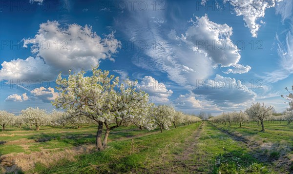 Blue skies over a blooming orchard AI generated