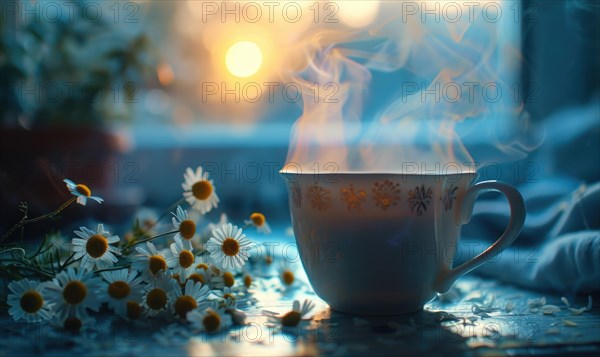 Chamomile tea cup with steam rising, closeup view of herbal tea AI generated