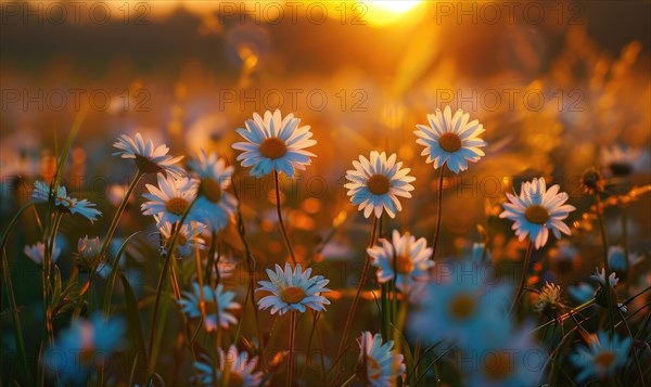 Daisies in a field at sunset, fields and meadows, spring nature background AI generated