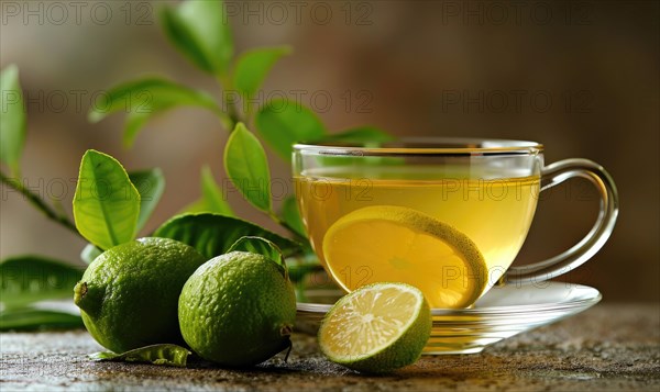 Herbal tea and lemon in a clear glass cup AI generated