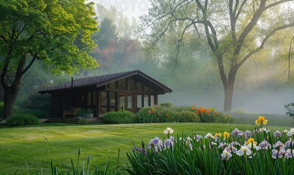 Morning mist enveloping a contemporary wooden cabin hidden deep within a spring garden filled with blooming irises and lilies AI generated
