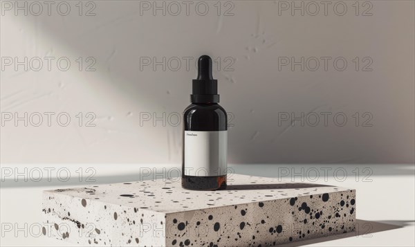 Studio shot of a matte black glass bottle mockup showcasing a product, minimalist branding AI generated