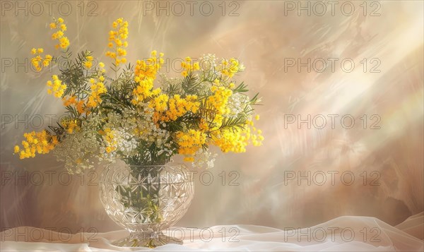 Bouquet of blooming Mimosa branches in glass vase AI generated