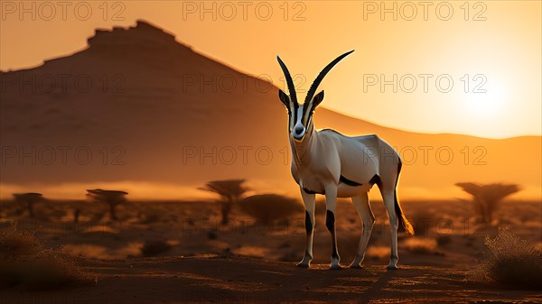 Arabian oryx with its long straight horns white coat shimmering in desert sun, AI generated