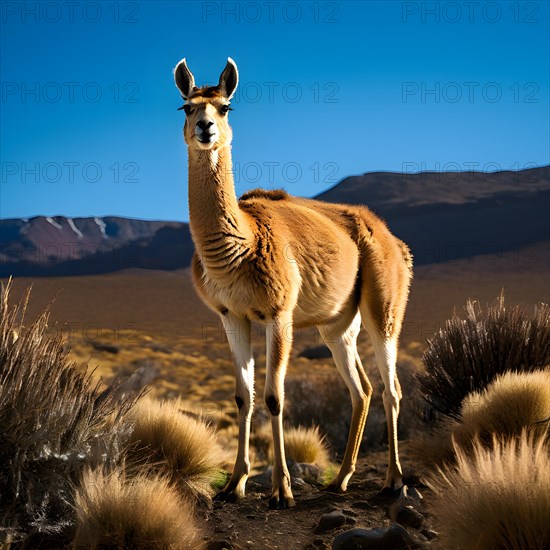Guanaco standing on a solitary hill in the patagonian deserts sparsely vegetated landscape, AI generated