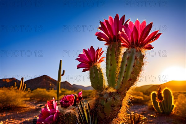 Saguaro cactus with vibrant flower in full bloom in early morning light, AI generated