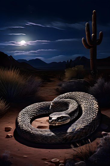 Rattlesnake coiled poised to strike in the silent mojave night, AI generated