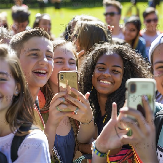 Many students stand close together on a lawn and take selfies with their cell phones, photo quality Job ID: 3dfad7ae-8244-468d-a6cd-937fdc7d1d3e, KI generiert, AI generated