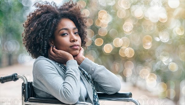 Pensive young woman in a wheelchair with a soft bokeh background behind her, AI generated