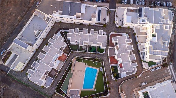 Aerial view of an urbanization in Agaete at summer sunset in Gran Canaria. Spain