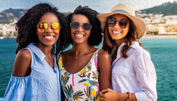 Three smiling women in chic summer fashion sharing a moment of camaraderie against a sea backdrop, blurry moody landscaped background with bokeh effect, AI generated