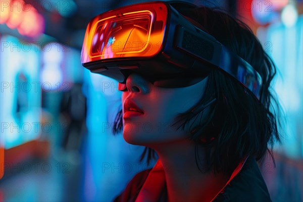 Close-up of a woman wearing cyberpunk-style VR goggles amidst vibrant neon lighting, AI generated