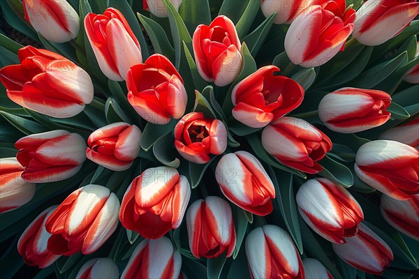 Overhead close-up of red and white tulip flowers forming a pattern, AI generated